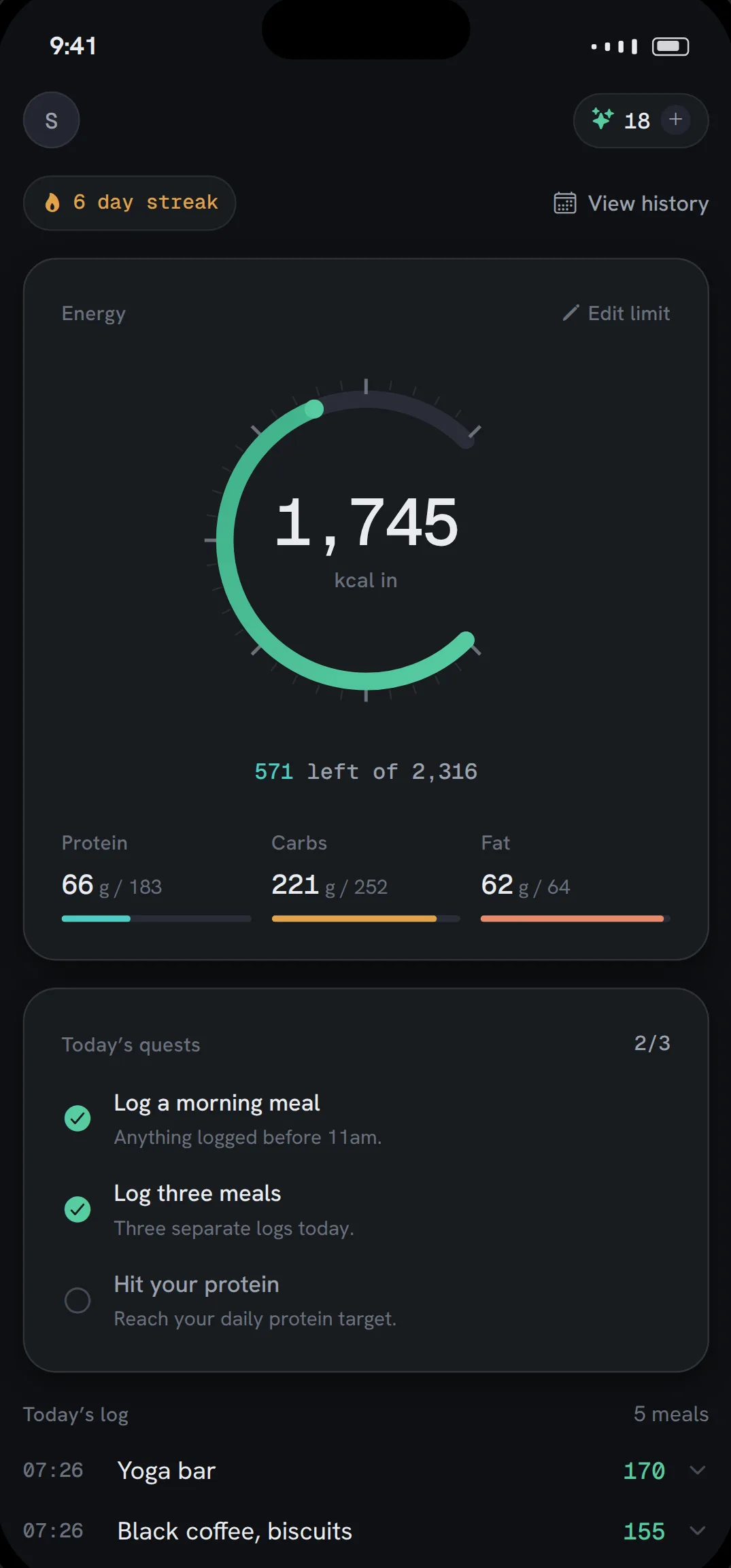 Fitto home screen with an energy dial reading 1,745 kcal in and 571 left of a 2,316 target, macro bars, and today's quests