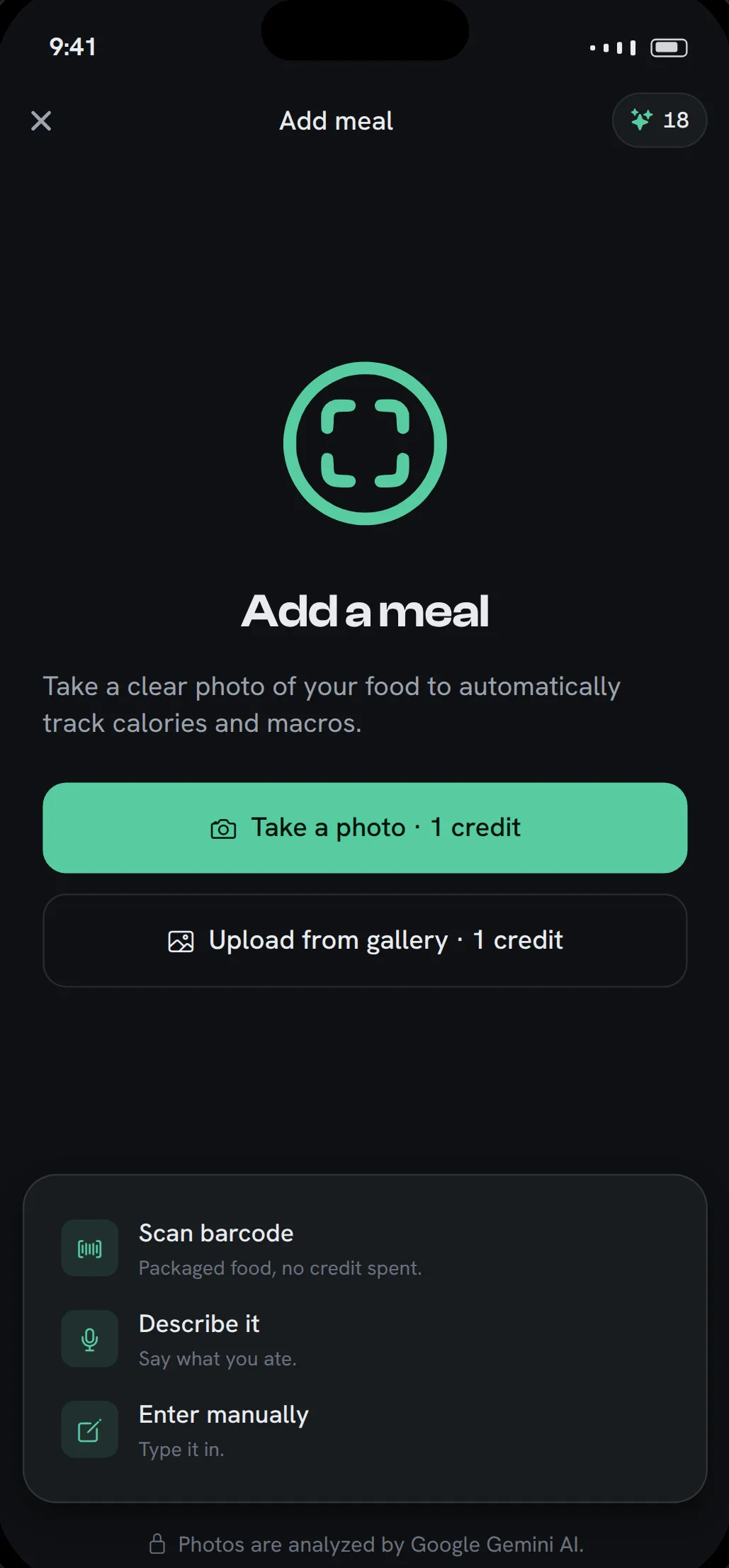 Fitto add-meal screen with options to take a photo, upload from gallery, scan a barcode, describe it, or enter manually
